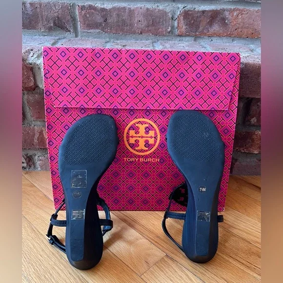 Tory Burch Navy Tumbled Leather Mini Miller 60MM Wedge Sandals - Picture 10 of 14